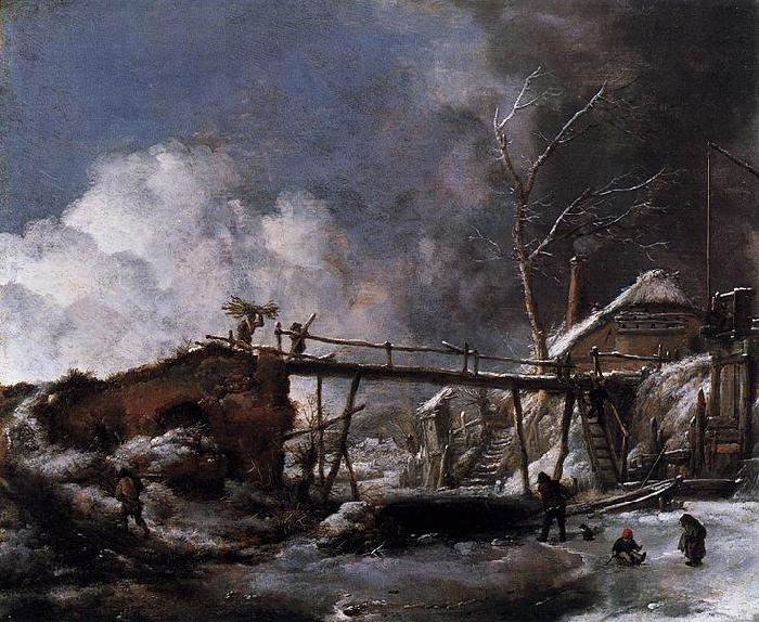 Philips Wouwerman Winter Landscape with Wooden Bridge oil painting image